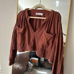 Free People Aelia Top cropped rust brown linen long sleeve v-neck top | S